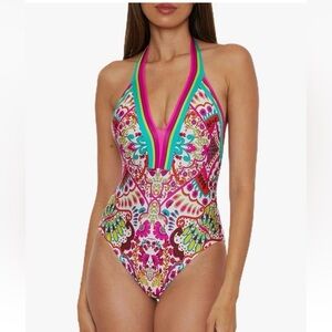Trina Turk Hawaiian Garden Border Halter Plunge One Piece Swimsuit-Size 14